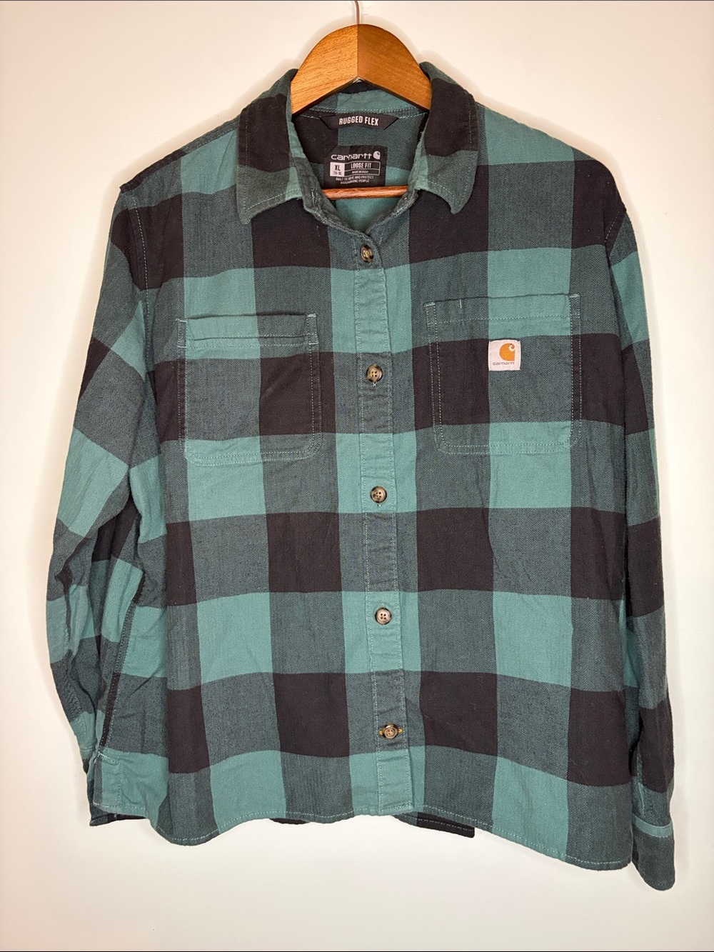 Carhartt Woman’s Rugged Flex Loose Fit Gree and Black Plaid Button-Up Shirt